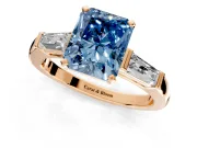 3 Stone Engagement Ring Setting for Fancy Blue Radiant Cut Center with Tapered Baguettes, Plain Band and Prong Head in Rose Gold