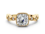 Milgrain Bezel Engagement Ring Setting for Cushion Cut Center with Marquise Stations and Bezel Head in Yellow Gold