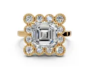 Cluster Halo Engagement Ring Setting for Asscher Cut Center with Milgrain Bezel Accents and Prong Head in Yellow Gold