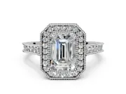 Halo Engagement Ring Setting for Emerald Cut Center with Milgrain Pave Band and Bezel Head in Platinum