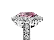Halo Engagement Ring Setting for Fancy Pink Oval Center with Milgrain Channel Band and Prong Head in White Gold
