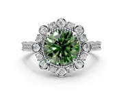 Milgrain Halo Engagement Ring Setting for Fancy Green Round Cut Center with Bezel Point Accents and Prong Head in Sterling Silver