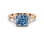 3 Stone Engagement Ring Setting for Fancy Blue Princess Cut Center with Wide Plain Band and Prong Head in Rose Gold