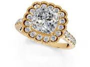 Milgrain Floral Halo Engagement Ring Setting for Cushion Cut Center with Pave Band and Prong Head in Yellow Gold