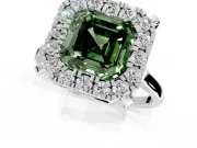 Single Halo Engagement Ring Setting for Fancy Green Asscher Cut Center with Corner Claws, Plain Band and Prong Head in Sterling Silver