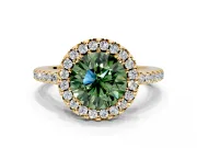 Pave Halo Engagement Ring Setting for Fancy Green Round Cut Center with Single Row Pave Band and Prong Head in Yellow Gold