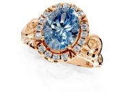 Halo Engagement Ring Setting for Fancy Blue Oval Center with Open Scroll Shoulders and Prong Head in Rose Gold