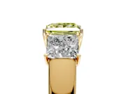 3 Stone Engagement Ring Setting for Fancy Yellow Princess Cut Center with Raised Basket Heads and Prong Head in Yellow Gold