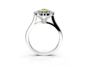 Halo Engagement Ring Setting for Fancy Yellow Pear-Shaped Center with Milgrain Frame, Pave Band and Prong Head in Platinum