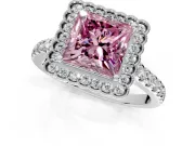 Milgrain Floral Halo Engagement Ring Setting for Fancy Pink Princess Cut Center with Pave Band and Prong Head in Platinum