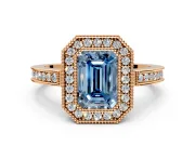 Halo Engagement Ring Setting for Fancy Blue Emerald Cut Center with Milgrain Halo, Pave Band and Prong Head in Rose Gold