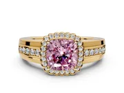 Halo Engagement Ring Setting for Fancy Pink Cushion Cut Center with Wide Band, Inlaid Accent Row and Prong Head in Yellow Gold