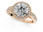 Bezel-Framed Halo Engagement Ring Setting for Round Cut Center with Pave Band and Prong Head in Rose Gold