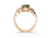 3 Stone Engagement Ring Setting for Fancy Green Heart-Shaped Center with Matching Side Accents and Prong Head in Rose Gold