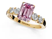 5 Stone Engagement Ring Setting for Fancy Pink Emerald Cut Center with Plain Band and Prong Head in Yellow Gold