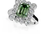 Cluster Halo Engagement Ring Setting for Fancy Green Emerald Cut Center with Milgrain Bezel Accents and Prong Head in White Gold