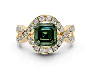 Halo Engagement Ring Setting for Fancy Green Asscher Cut Center with Pave Infinity Twist Band and Prong Head in Yellow Gold
