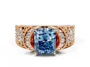 Pave Engagement Ring Setting for Fancy Blue Radiant Cut Center with Curved Accent Rows, Openwork and Prong Head in Rose Gold