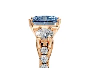 3 Stone Engagement Ring Setting for Fancy Blue Radiant Cut Center with Crossover Basket, Pave Band and Prong Head in Rose Gold