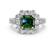 Halo Engagement Ring Setting for Fancy Green Asscher Cut Center with Milgrain Channel Band and Prong Head in Sterling Silver