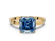 Solitaire Engagement Ring Setting for Fancy Blue Asscher Cut Center with Carved Leaf Shoulders and Prong Head in Yellow Gold
