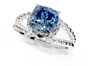 Halo Engagement Ring Setting for Fancy Blue Cushion Cut Center with Rope Twist Split Shank and Prong Head in Platinum