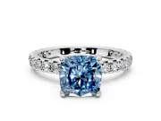 Solitaire Engagement Ring Setting for Fancy Blue Cushion Cut Center with Shared-Prong Accents and Prong Head in White Gold