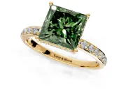 Hidden Halo Engagement Ring Setting for Fancy Green Princess Cut Center with Pave Band and Prong Head in Yellow Gold
