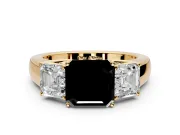 3 Stone Engagement Ring Setting for Fancy Black Asscher Cut Center with Raised Basket Heads and Prong Head in Yellow Gold