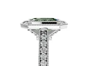 Halo Engagement Ring Setting for Fancy Green Emerald Cut Center with Milgrain Pave Band and Bezel Head in Sterling Silver