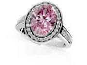 Halo Engagement Ring Setting for Fancy Pink Oval Center with Outer Bezel Rim, Pave Band and Prong Head in Platinum