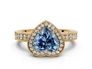 Milgrain Halo Engagement Ring Setting for Fancy Blue Heart-Shaped Center with Wide Pave Band and Prong Head in Yellow Gold