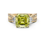 3 Stone Engagement Ring Setting for Fancy Yellow Asscher Cut Center with Pave Twist Band and Prong Head in Yellow Gold