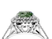 Double Halo Engagement Ring Setting for Fancy Green Cushion Cut Center with Narrow Pave Split Shank and Prong Head in White Gold