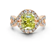 Halo Engagement Ring Setting for Fancy Yellow Radiant Cut Center with Pave Infinity Twist Band and Prong Head in Rose Gold