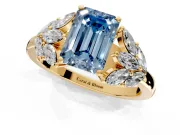 Leaf Cluster Engagement Ring Setting for Fancy Blue Emerald Cut Center with Marquise Accents and Prong Head in Yellow Gold