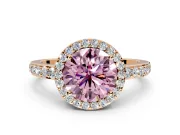 Halo Engagement Ring Setting for Fancy Pink Round Cut Center with Heart-Shaped Openwork, Pave Band and Prong Head in Rose Gold
