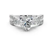 3 Stone Engagement Ring Setting for Heart-Shaped Center with Pave Twist Band and Prong Head in White Gold