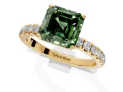 Open Basket Engagement Ring Setting for Fancy Green Asscher Cut Center with Pave Band and Prong Head in Yellow Gold