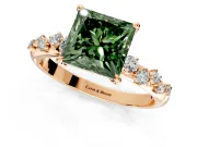 Cluster Engagement Ring Setting for Fancy Green Princess Cut Center with Round Cut Accent Band and Prong Head in Rose Gold