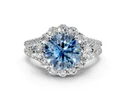 Halo Engagement Ring Setting for Fancy Blue Round Cut Center with Two-Strand Split Shank and Prong Head in Platinum