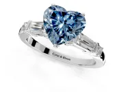 Bar-Set Engagement Ring Setting for Fancy Blue Heart-Shaped Center with Tapered Baguette Accents and Prong Head in Sterling Silver