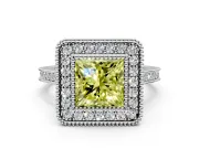 Halo Engagement Ring Setting for Fancy Yellow Princess Cut Center with Milgrain Frame, Pave Band and Prong Head in White Gold