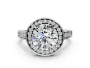 Halo Engagement Ring Setting for Round Cut Center with Outer Bezel Rim, Pave Band and Prong Head in Platinum