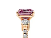 3 Stone Engagement Ring Setting for Fancy Pink Asscher Cut Center with Round Cut Side Accents and Prong Head in Rose Gold
