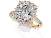 Halo Engagement Ring Setting for Radiant Cut Center with Single-Row Pave, Open Basket and Prong Head in Rose Gold