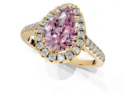 Halo Engagement Ring Setting for Fancy Pink Pear-Shaped Center with Raised Halo, Pave Band and Prong Head in Yellow Gold