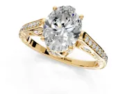 Cathedral Engagement Ring Setting for Oval Center with Antique-Style Pave Band and Prong Head in Yellow Gold