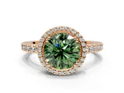 Halo Engagement Ring Setting for Fancy Green Round Cut Center with Inner Milgrain Border and Prong Head in Rose Gold