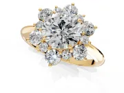 Small-Accent Cluster Halo Engagement Ring Setting for Round Cut Center with Plain Band and Prong Head in Yellow Gold